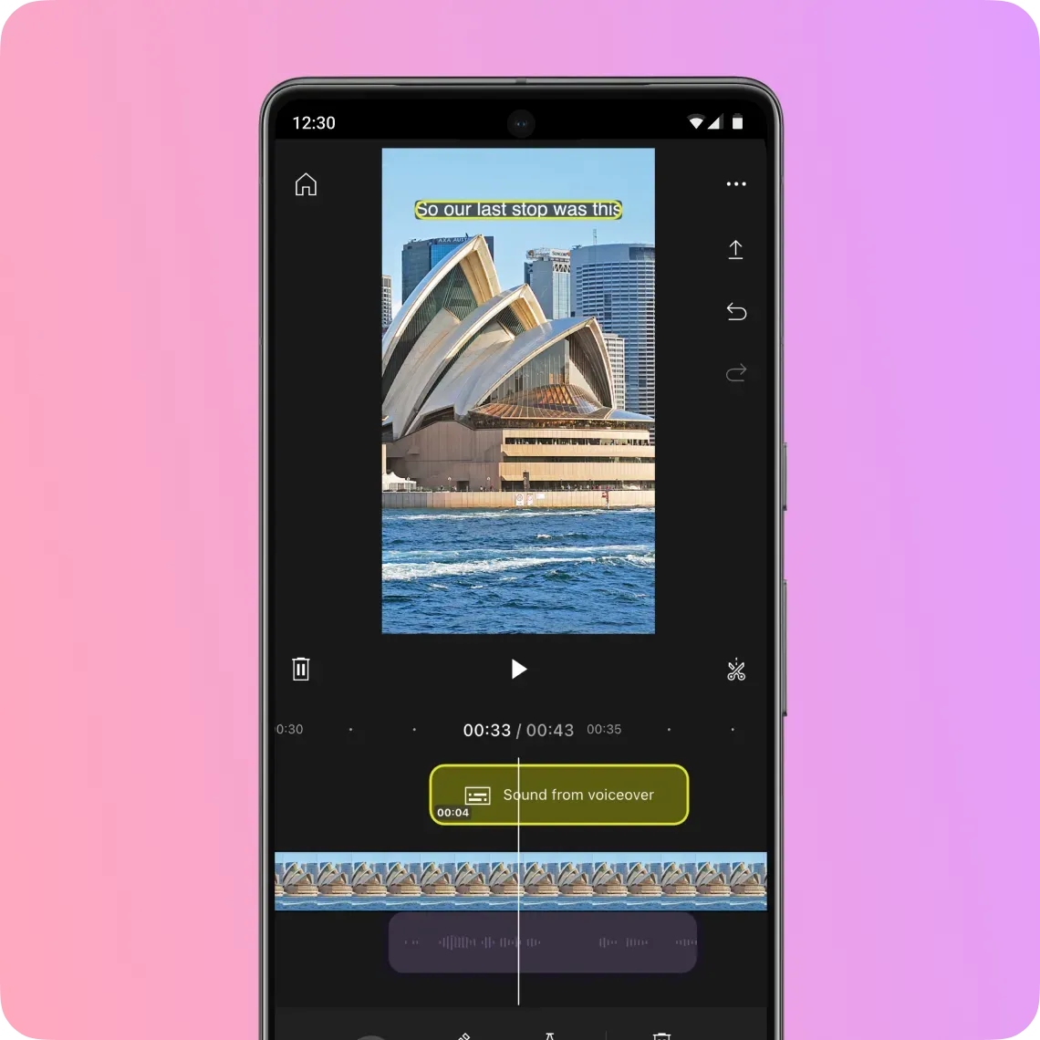 A mobile screen of the Edit with AI caption feature. A timeline is displayed beneath a video still of the Sydney Opera House and the caption: So our last stop was this