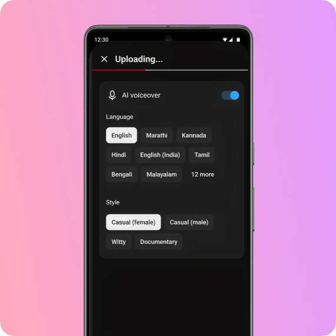 A mobile screen of the Edit with AI voiceover feature with English language and casual female style selected