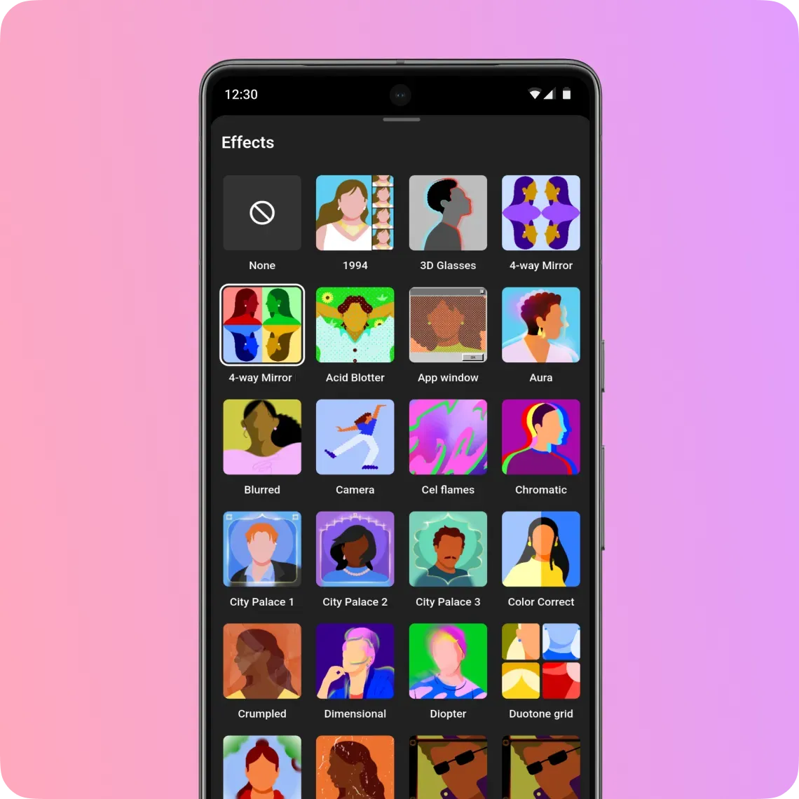 A mobile screen of the Edit with AI effect feature displaying a variety of different effects such as 3D glasses, chromatic, and color correct